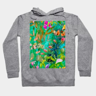 Cool tropical floral leaves botanical illustration, tropical plants,leaves and flowers, aqua turquoise leaves pattern Hoodie